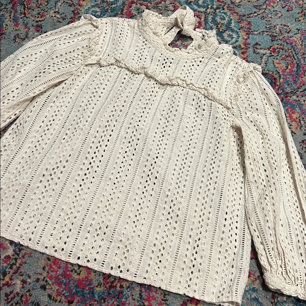 Madewell Eyelet Mockneck Ruffle Top‎ Cream Size S